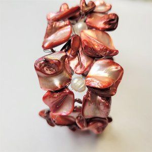 Wine Red Shell White Pearls Adjustable Cuff Bracelet Bangle - NEW